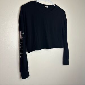 Garage Black Long Sleeve Crop Top “Tokyo” with Rose Printed on Sleeve